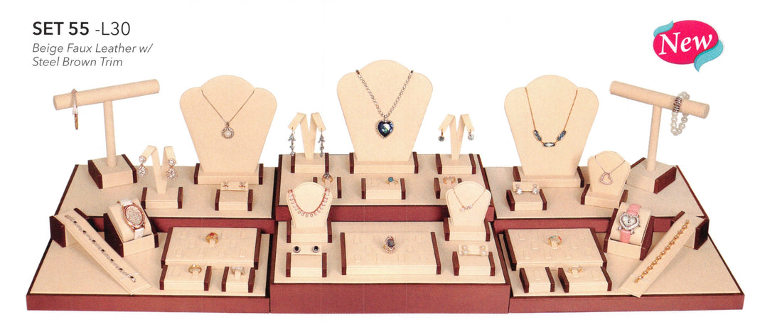 Display set(35pcs)-beige leather w/steel brwn trim