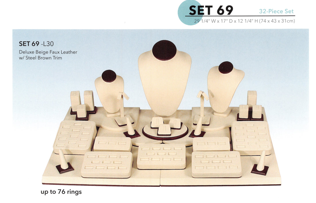 Display set(32pcs)-beige leather w/steel brwn trim