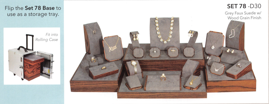 Display set(29pcs)-gry faux sude w/wood grain trim — Gry Faux Suede With Wood