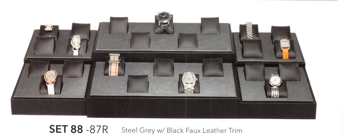 Watch Display set (32pcs) — Stl Gry With Black Faux — steel grey w/ bk trim