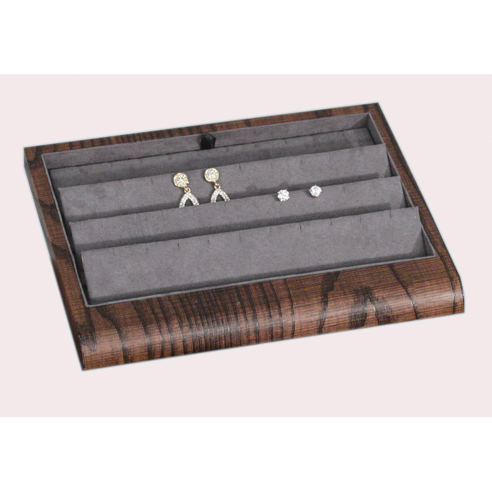Curved Front Display Trays — Utility — Grey Linen w/ Wood Grain Finish