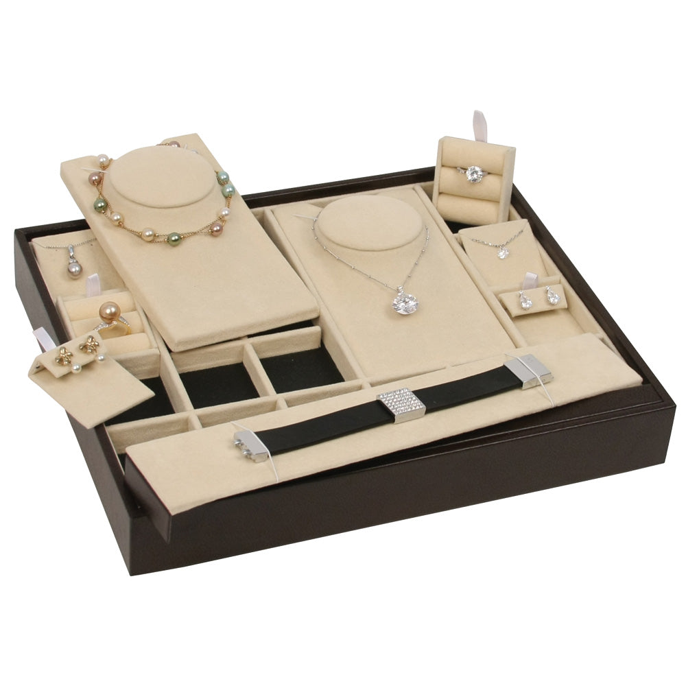 Multi-Function Stackable Trays — Beige Suede w/ Dark Brown Faux Leather Tray