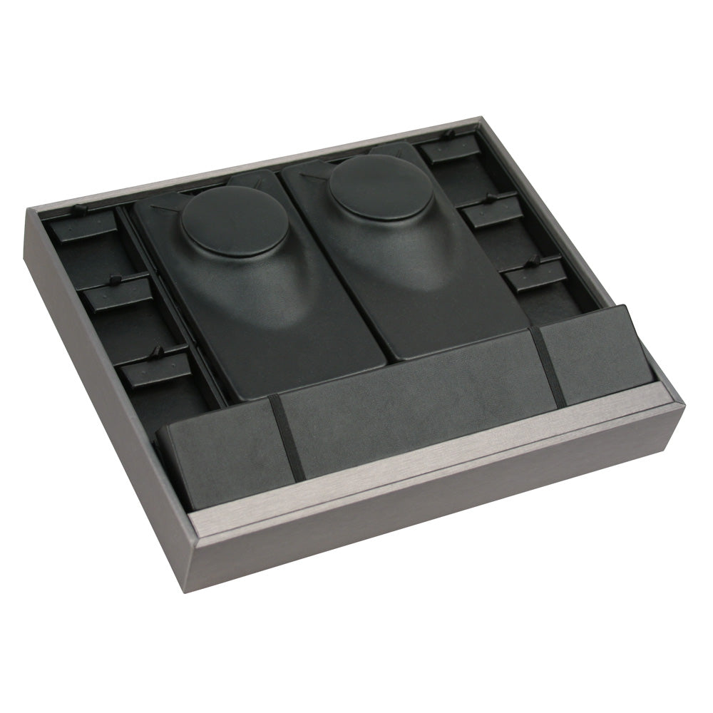 Multi-Function Stackable Trays — Black Faux Leather w/ Steel Gray Faux Leather Tray