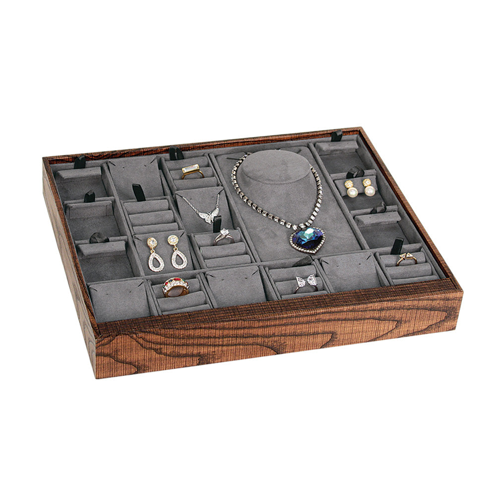 Multi-Function Stackable Trays — Dark Grey Suede w/ Wood Grain Finish Tray