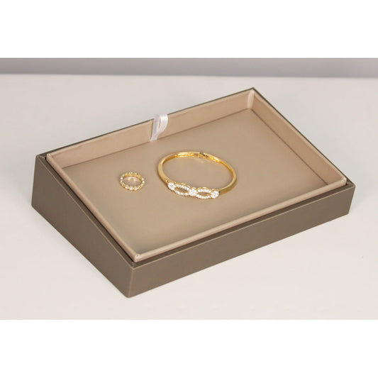 2″ H Angled Display Trays — Ring (18-Slot) — Champagne Gold Faux Leather w/ Luna Bronze Tray