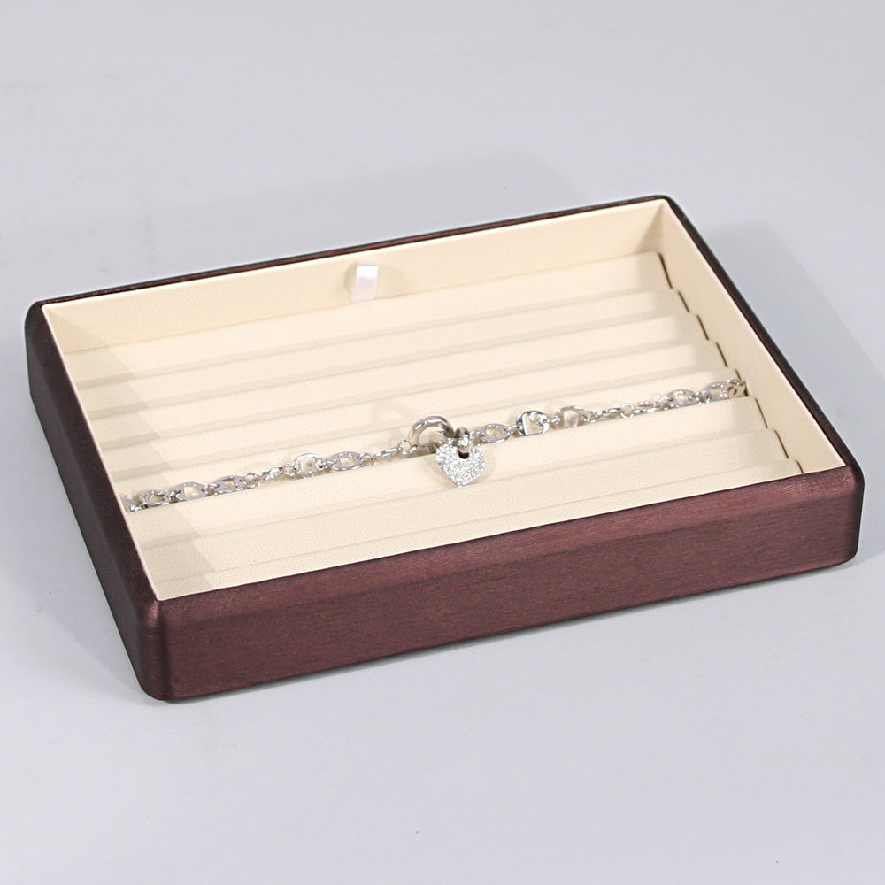 Durable Lightweight Stacking Trays — Ring (18-Slot) — Deluxe Beige Faux Leather w/ Steel Brown Trim