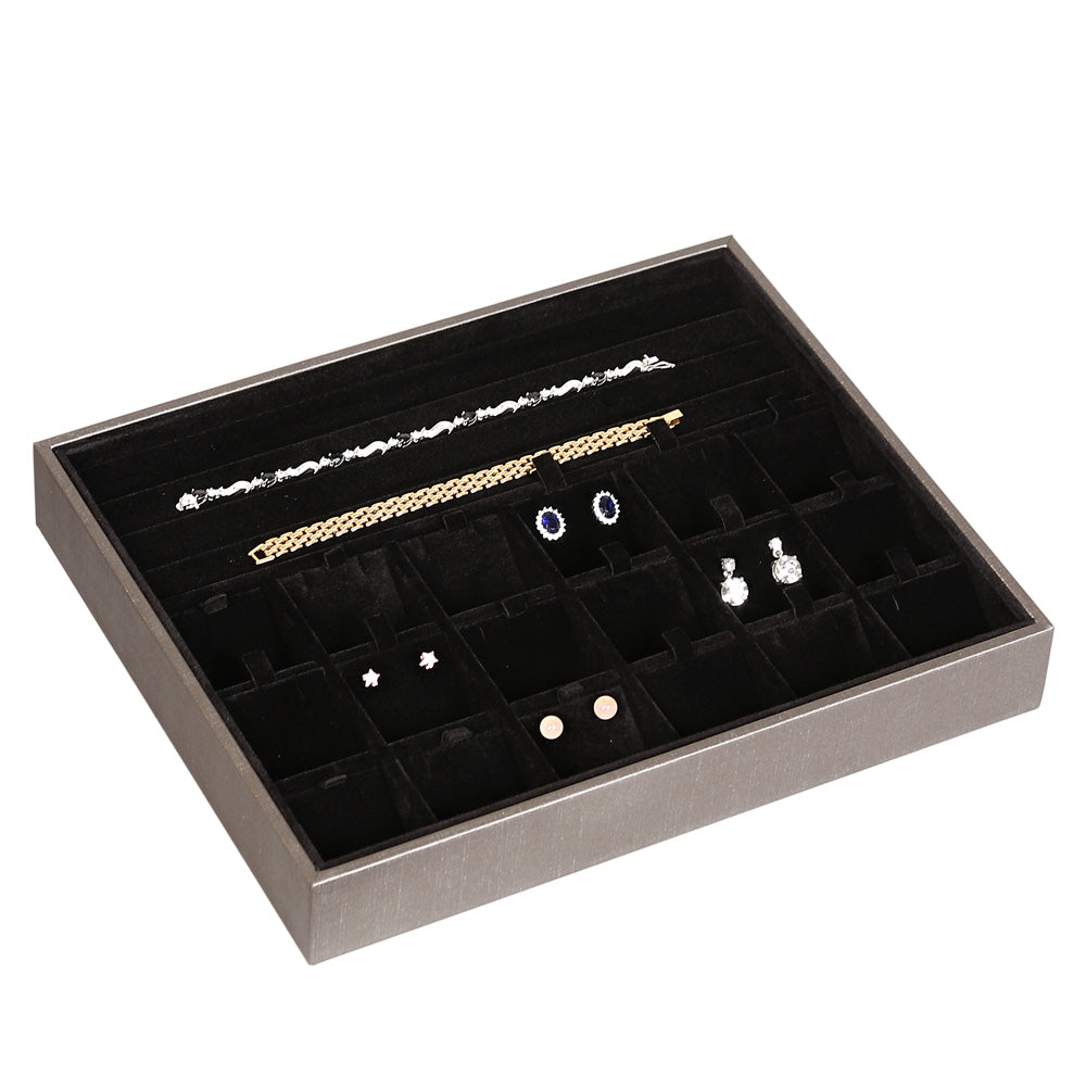 Showcase Tray with Cover — Earring Pad (18)/Bracelet Slot (4) — Glacier Grey Faux Leather w/ Black Insert