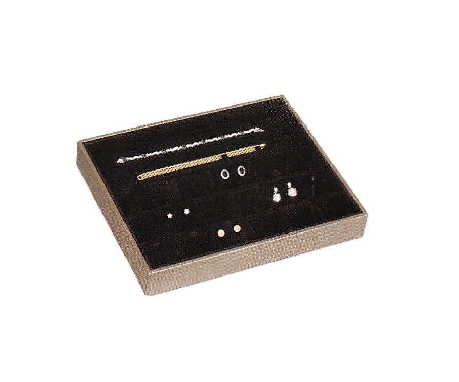 Showcase Tray with Cover — Earring Pad (18)/Bracelet Slot (4) — Glacier Grey Faux Leather w/ Beige Insert