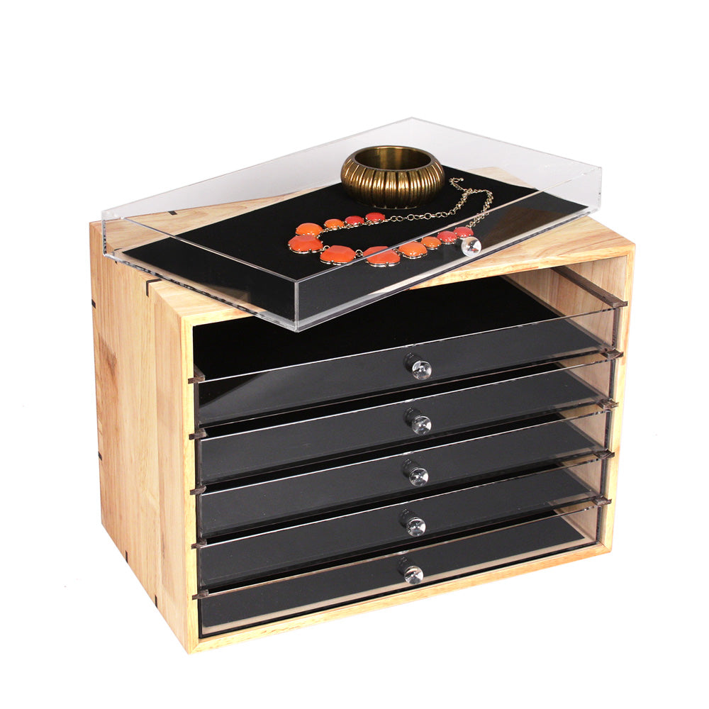 Clear Acrylic Tray Organizer — Natural Wood w/ Clear Acrylic
