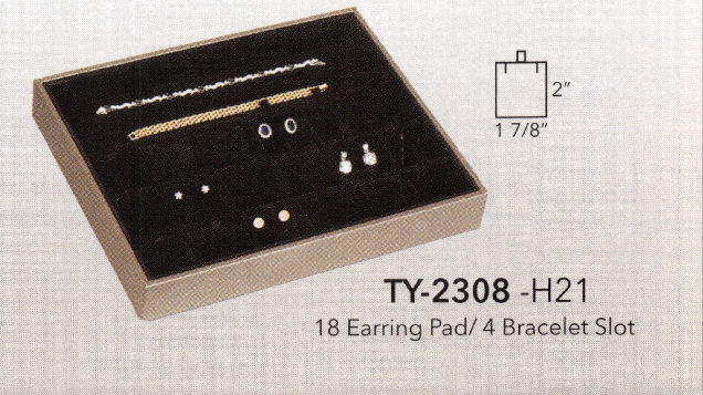 Showcase Tray with Cover — Earring Pad (18)/Bracelet Slot (4) — Glacier Grey Faux Leather w/ Black Insert