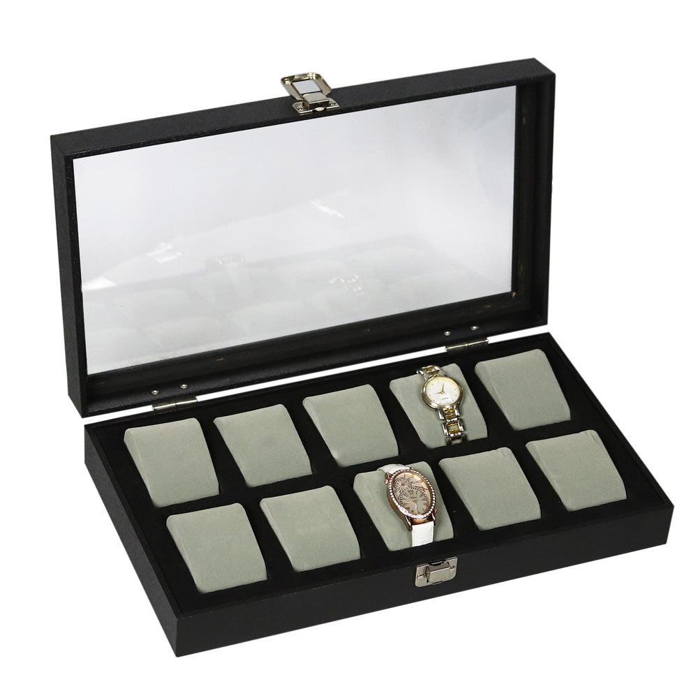 Black Wooden Watch Case — Glass Top — 10 Grey Faux Suede Pillows — Black Wood