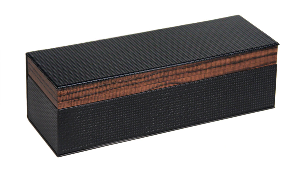 Flip Top Watch Cases — Holds 5 Watches — 11 5/8 x 4 x 3 1/4" H (295 x 100 x 85mm) — Black Faux Leather w/ Carbon Fiber Texture