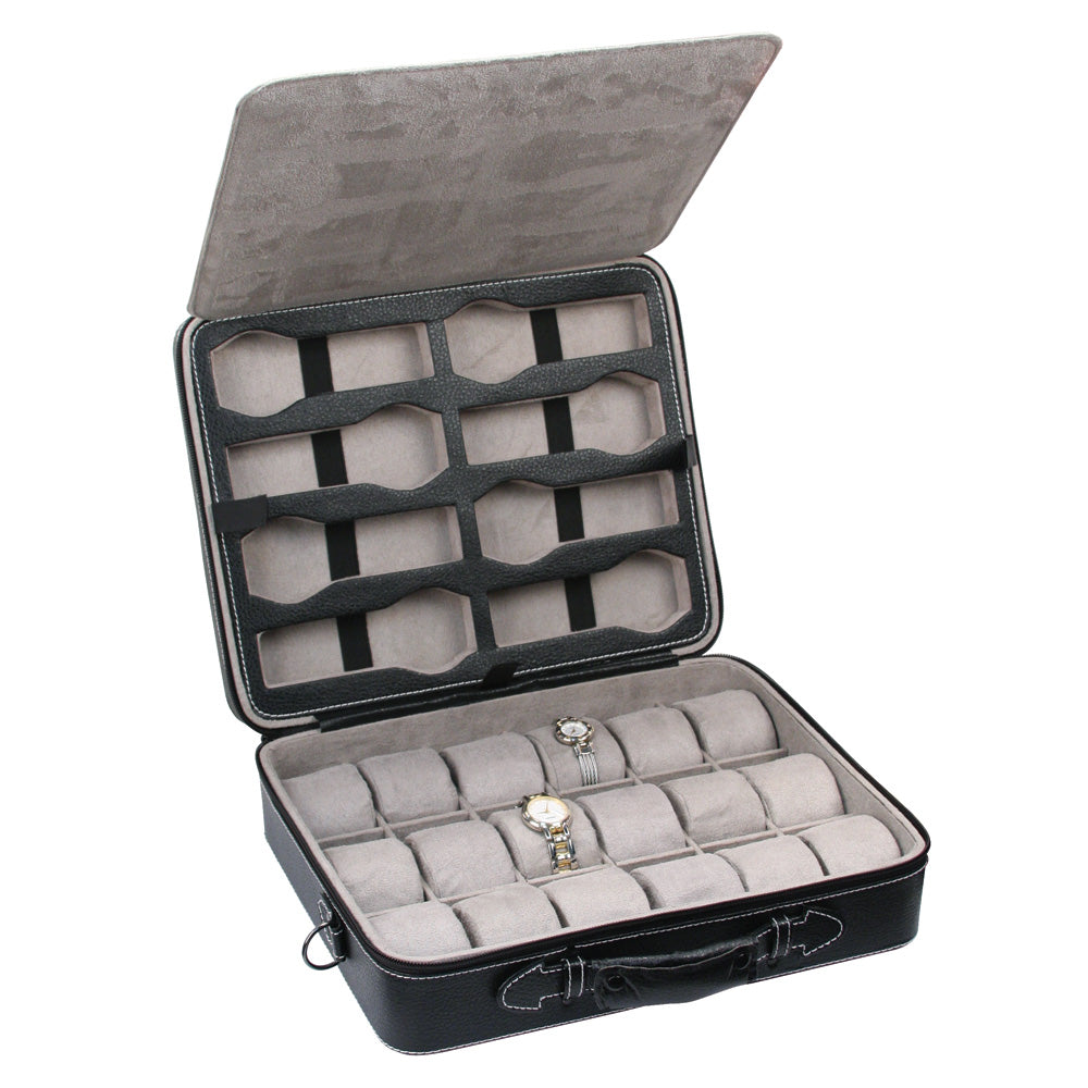 Light Weight Watch Case w/ Handle — Black Textured Faux Leather w/ Grey Faux Suede