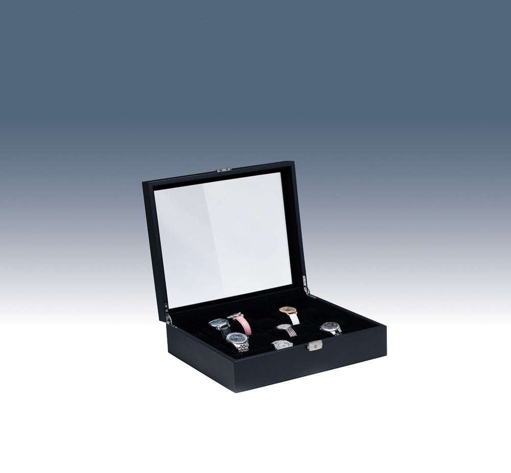 Black Glass Top Large Watch Case — Black Faux Leather w/ Black Faux Velvet