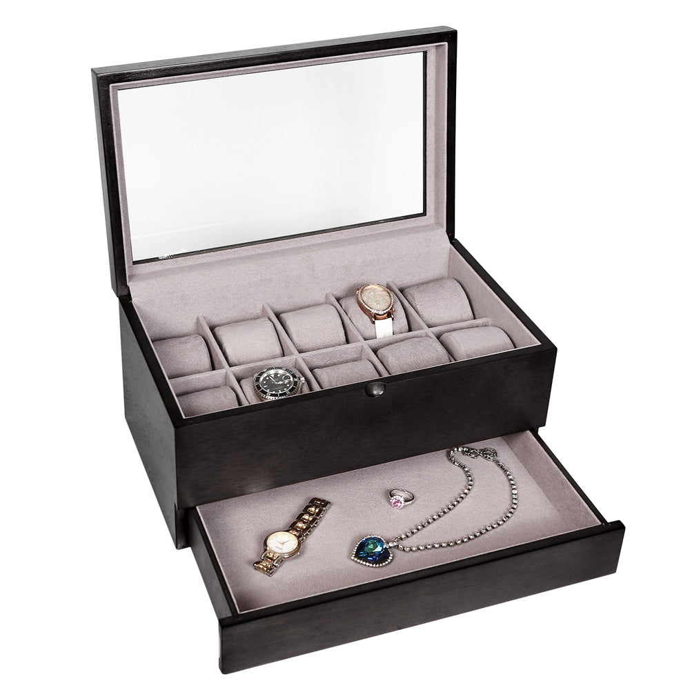 Glass Top Wooden Watch & Storage Case — Black Finish Wood w/ Grey Faux Suede Insert