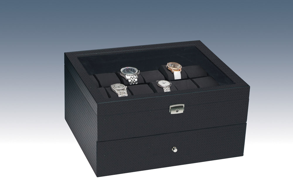 Premium Glass Top Watch Cases For Large Watch — Simulated Carbon Fiber w/ Black Velvet