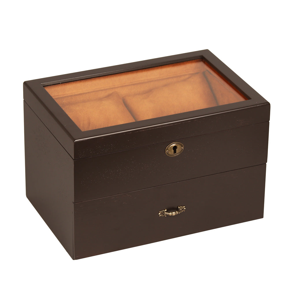Dark Vintage Wooden Watch Cases — Glass Top — 17 Watches — 12 x 8 1/8 x 7 1/4" H (305 x 206 x 85mm) — Dark Walnut w/ Chestnut Faux Suede
