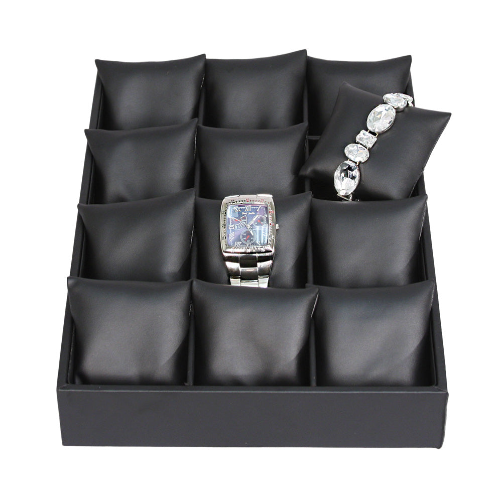 Watch Display Trays With 12 Watch Pillows — Black Faux Leather