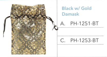 Bag & Pouch - Drawstring  -  Black With Gold Damask - 12 pcs. Pack
