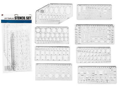 8Pc Plastic Stencil Set (Oval, Circle, Square, Circle Hex, Perspective Shapes)