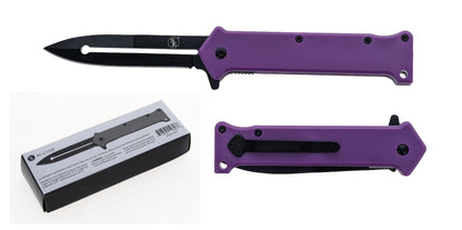 Spring Assisted Dagger Point Pocket Knife with Purple Handle, Pocket Clip & Lanyard Hole, Box Pack