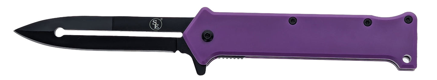 Spring Assisted Dagger Point Pocket Knife with Purple Handle, Pocket Clip & Lanyard Hole, Box Pack