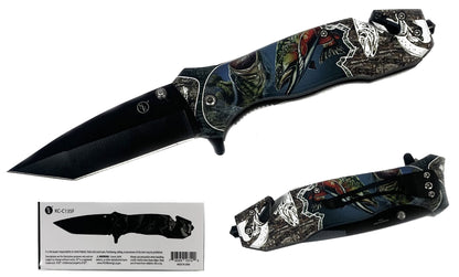 4.5"/Spring Assisted Dragon Design Tanto Point Blade Pocket Knife, Clip/Window Breaker/Seatbelt Cutter