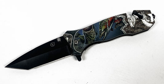 4.5"/Spring Assisted Dragon Design Tanto Point Blade Pocket Knife, Clip/Window Breaker/Seatbelt Cutter