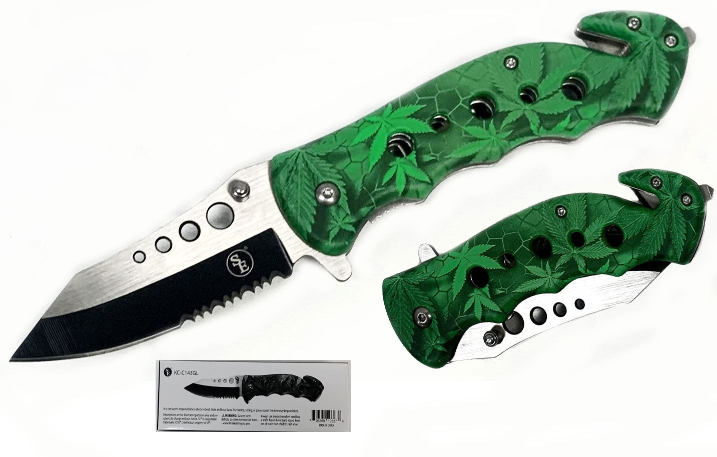 4.5"/Spring Assisted Green Leaves Design Tanto Point/Half Serrated Blade Pocket Knife, Clip/Window Breaker/Seatbelt Cutter