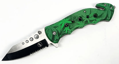 4.5"/Spring Assisted Green Leaves Design Tanto Point/Half Serrated Blade Pocket Knife, Clip/Window Breaker/Seatbelt Cutter