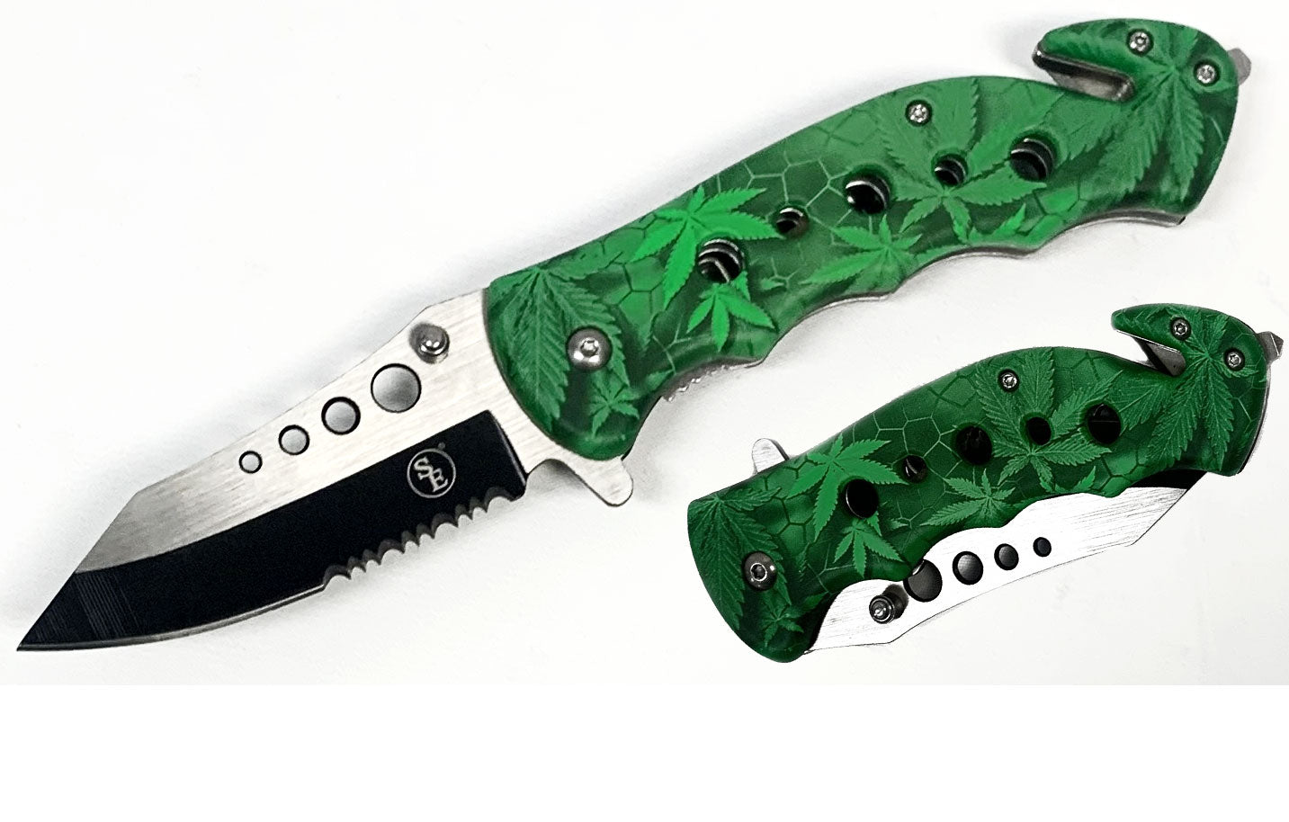 4.5"/Spring Assisted Green Leaves Design Tanto Point/Half Serrated Blade Pocket Knife, Clip/Window Breaker/Seatbelt Cutter