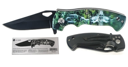 4.5" Spring Assisted Green Leaves Design Drop Point/Half Serrated Blade Pocket Knife, Clip/Window Breaker/Seatbelt Cutter