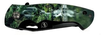 4.5" Spring Assisted Green Leaves Design Drop Point/Half Serrated Blade Pocket Knife, Clip/Window Breaker/Seatbelt Cutter