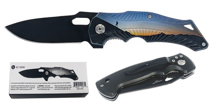 4.5"/Spring Assisted Hiker Atop a Mountain at Sunset Design Drop Point Pocket Knife with Pocket Clip