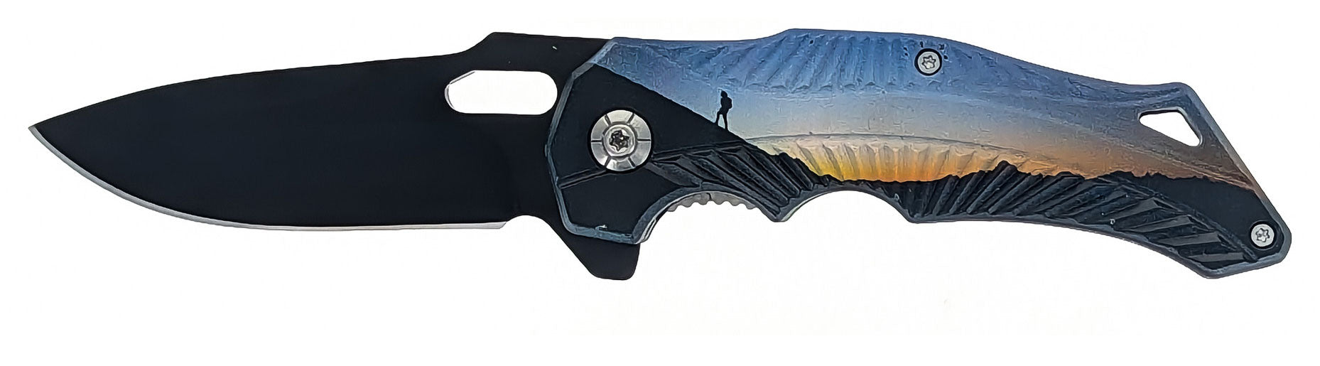 4.5"/Spring Assisted Hiker Atop a Mountain at Sunset Design Drop Point Pocket Knife with Pocket Clip