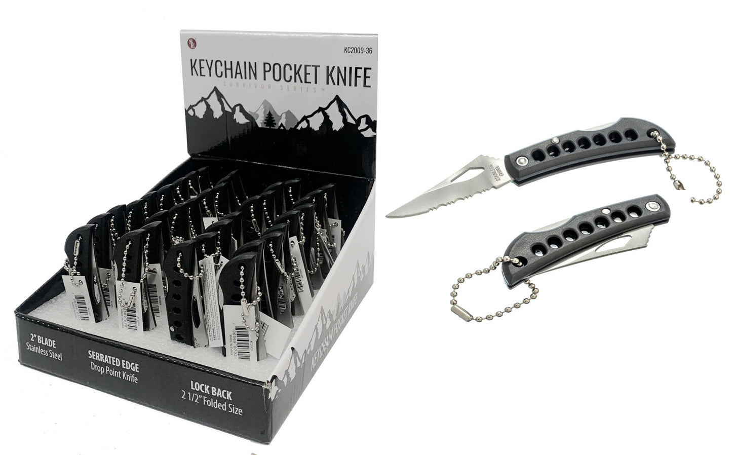 36-Piece Display of 4.1/2" Mini Lockback Pocket Knife With Ball Keychain (Black)