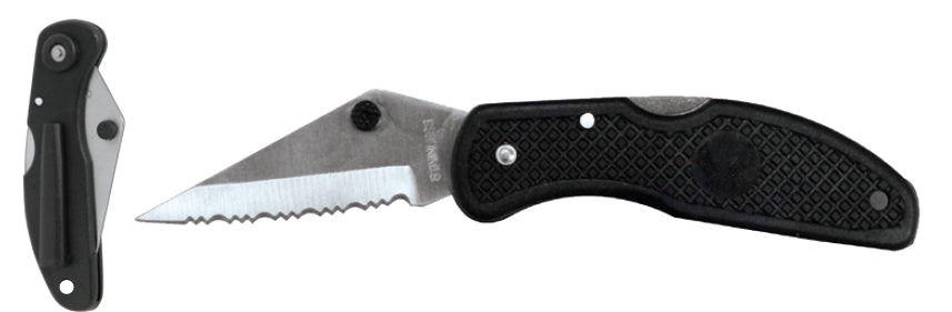 4" Folding Lock back Pocket Knife with Black Plastic Handle, Serrated Drop Point Blade and Pocket Clip