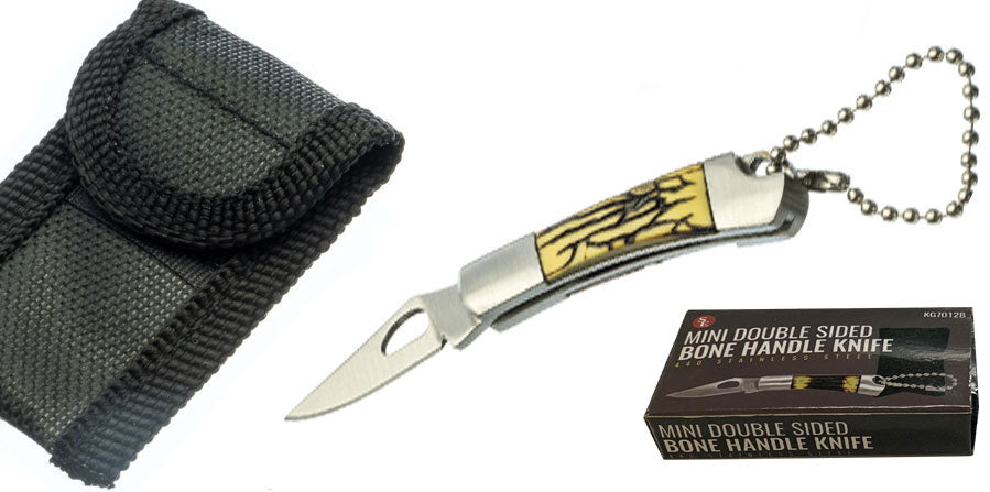 2" Mini Double Sided Bone Handle Pocket Knife with Chain & Pouch