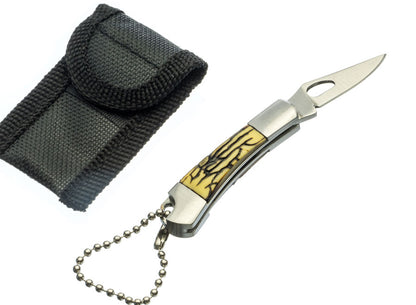 2" Mini Double Sided Bone Handle Pocket Knife with Chain & Pouch