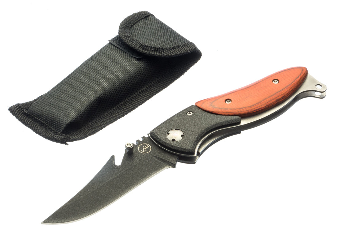 4.3/8?╟Ñ Wood Insert Pocket Knife with Gut Hook Blade, Nylon Pouch Included