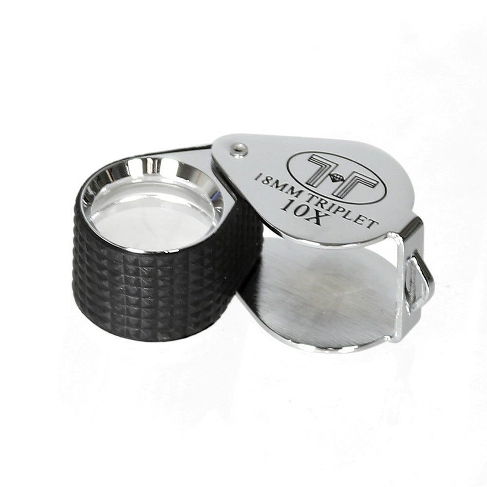 Precision Loupe with Leather Case — 18mm Triplet — 10X — Silver/Black Rubber Grip