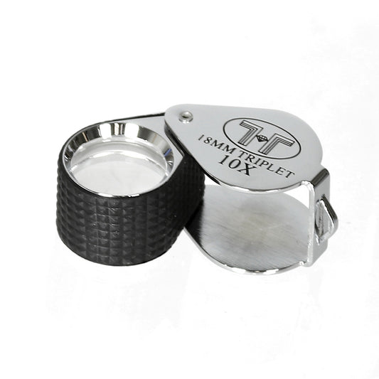 Precision Loupe with Leather Case — 18mm Triplet — 10X — Silver/Black Rubber Grip