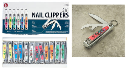 12-piece display of 5-1 Nail Clipper, Assorted Design with Ball Keychain