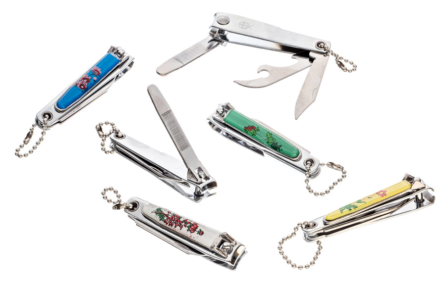 12-piece display of 5-1 Nail Clipper, Assorted Design with Ball Keychain