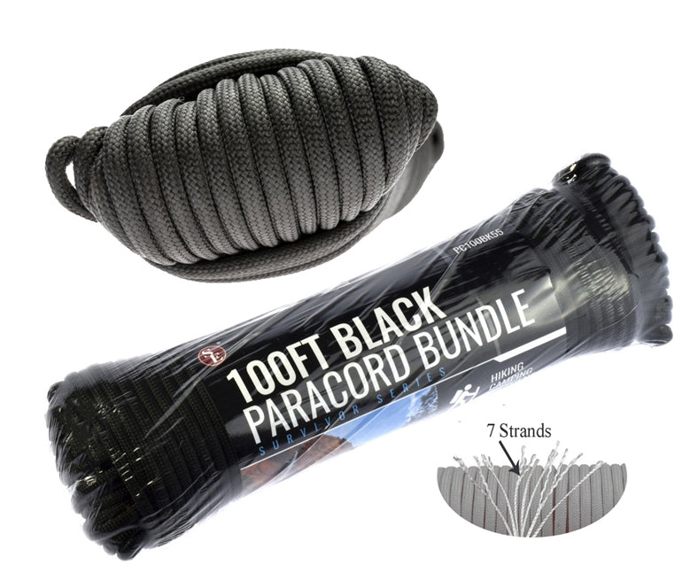 100' x 5/32" Black 7 Strand Paracord, Pull Strength 550 LBS