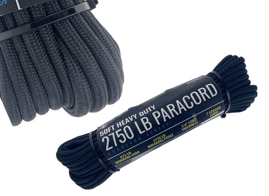 50' Heavy Duty 7 Strand/2750 LBS/ 1/4" Thick Black Paracord