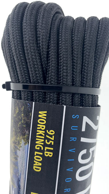 50' Heavy Duty 7 Strand/2750 LBS/ 1/4" Thick Black Paracord