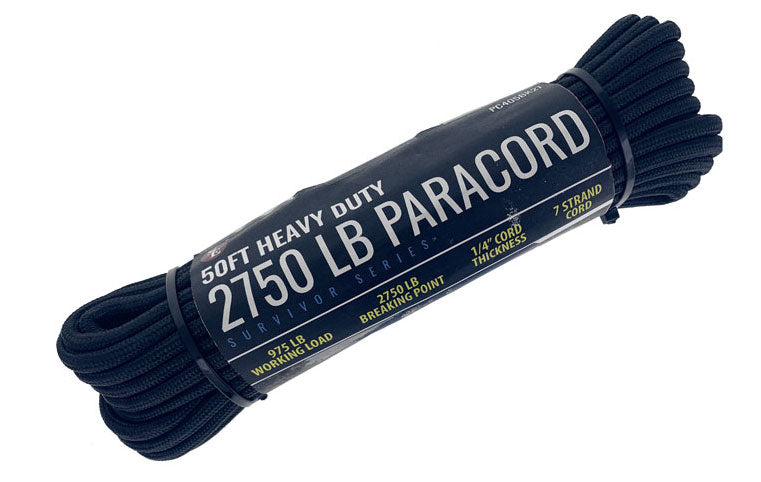 50' Heavy Duty 7 Strand/2750 LBS/ 1/4" Thick Black Paracord