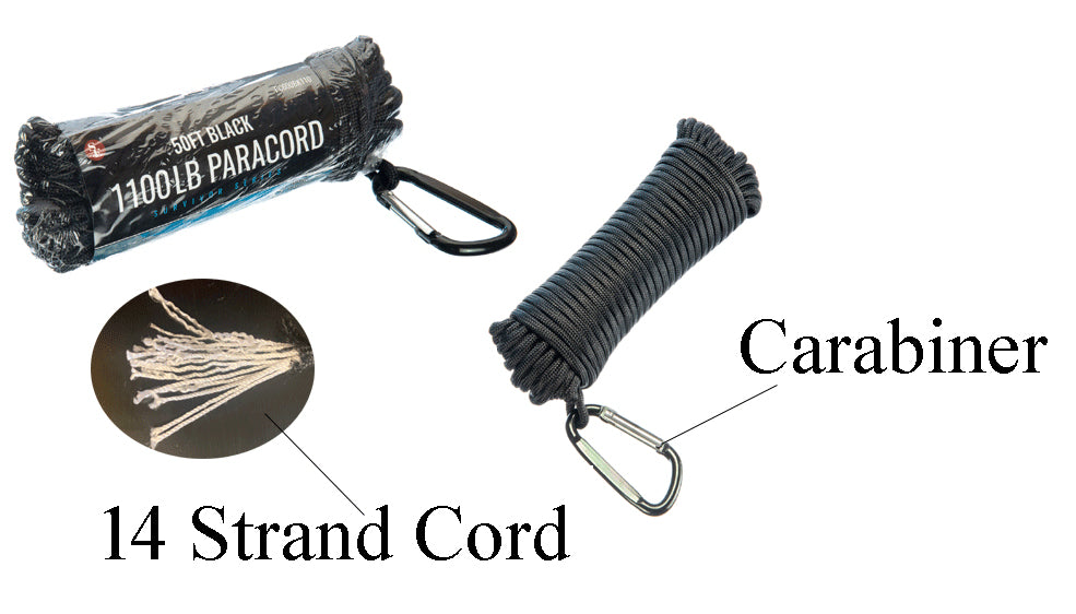 12-piece display of 50'x13/64"(5mm) 14 Strand Black Paracord with Carabiner, Pull Strength 1100 LBS