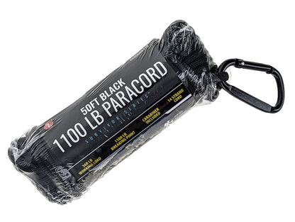 12-piece display of 50'x13/64"(5mm) 14 Strand Black Paracord with Carabiner, Pull Strength 1100 LBS